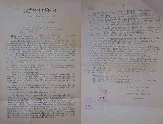 Mệnh lệnh của Bộ Chỉ huy Mặt trận tỉnh Bình Định ban hành ngày 3.3.1975. Ảnh: NGỌC NHUẬN Mệnh lệnh của Bộ Chỉ huy Mặt trận tỉnh Bình Định ban hành ngày 3.3.1975. Ảnh: NGỌC NHUẬN