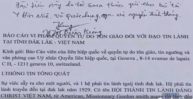 Tài liệu Yjôl Bkrông soạn, gửi cho Y Hin Niê (cha) và một số đối tượng khác, xuyên tạc về tự do tôn giáo đối với đạo Tin lành ở Đắk Lắk.