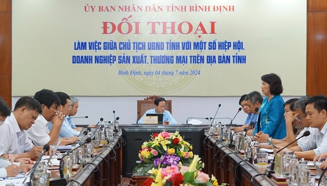 Bà Đồng Thị Ánh, Giám đốc Công ty CP Cảng Thị Nại, trình bày một số khó khăn, kiến nghị lãnh đạo tỉnh hỗ trợ. Ảnh: HẢI YẾN Bà Đồng Thị Ánh, Giám đốc Công ty CP Cảng Thị Nại, trình bày một số khó khăn, kiến nghị lãnh đạo tỉnh hỗ trợ. Ảnh: HẢI YẾN