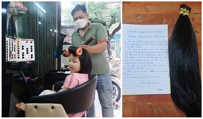 Bé Minh hào hứng cắt tóc, quyên tặng cho bệnh nhân ung thư vú và bức thư tay đính kèm của bé Minh khi gửi tóc tham gia chương trình. Ảnh: NVCC