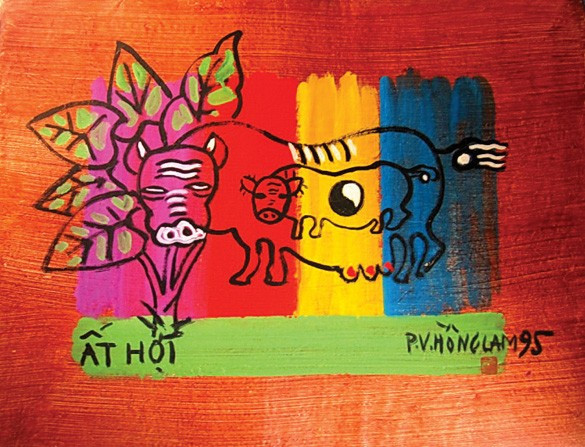 Lợn ăn cây ráy - Tranh dân gian Đông Hồ.