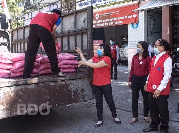 Công ty TNHH Xổ số kiến thiết Bình Định chuyển gạo hỗ trợ người bán vé số lẻ đến các đại lý cấp 1 để cấp phát cho từng người. Công ty TNHH Xổ số kiến thiết Bình Định chuyển gạo hỗ trợ người bán vé số lẻ đến các đại lý cấp 1 để cấp phát cho từng người.