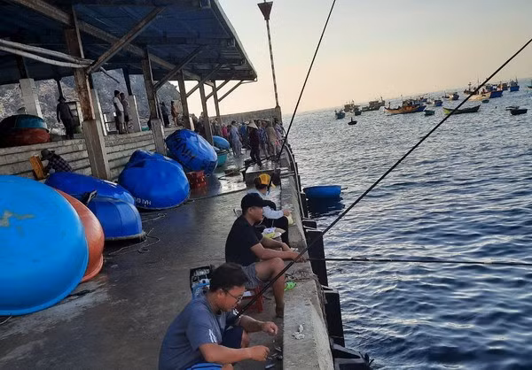 Du khách câu cá tại chân cầu bến cá Nhơn Lý. Ảnh: HỮU ĐẢO