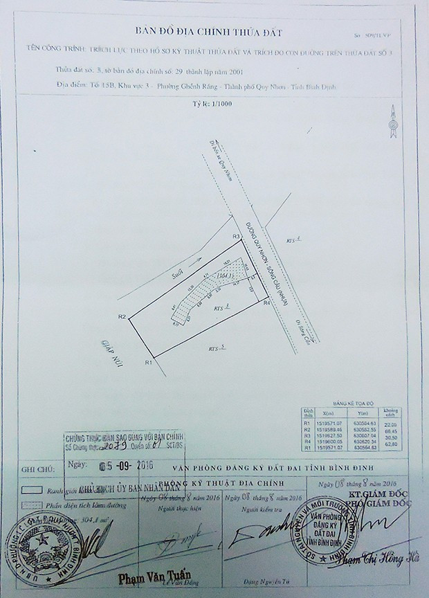 Ảnh chụp bản sao bản đồ địa chính thửa đất số 03 được xác lập năm 2016 thể hiện tại phần đất đường đi không có hàng rào chắn. Ảnh: C.L Ảnh chụp bản sao bản đồ địa chính thửa đất số 03 được xác lập năm 2016 thể hiện tại phần đất đường đi không có hàng rào chắn. Ảnh: C.L