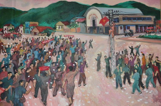 Bức tranh ghi lại cuộc mít-tinh ngày 1.5.1930 của quần chúng nhân dân và công nhân Nhà máy đèn Quy Nhơn. Ảnh: VĂN LƯU