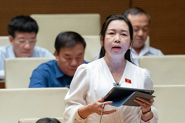 Phó trưởng đoàn ĐBQH tỉnh Lý Tiết Hạnh tham gia góp ý tại hội trường về chủ trương đầu tư Chương trình mục tiêu quốc gia phòng, chống ma túy đến năm 2030. Ảnh: Đoàn ĐBQH tỉnh