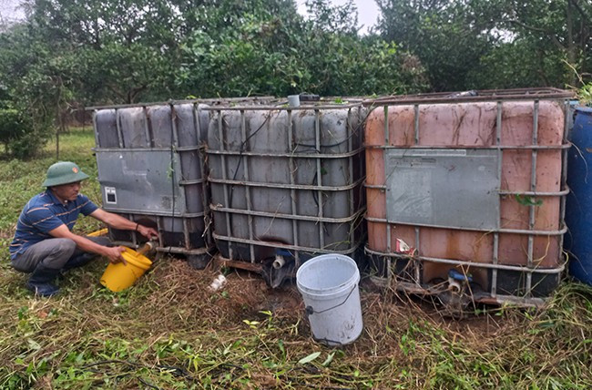 Anh Lợi chiết dịch phân HCVS từ thùng ủ để tưới cho vườn cây ăn quả. Ảnh: ĐINH NGỌC