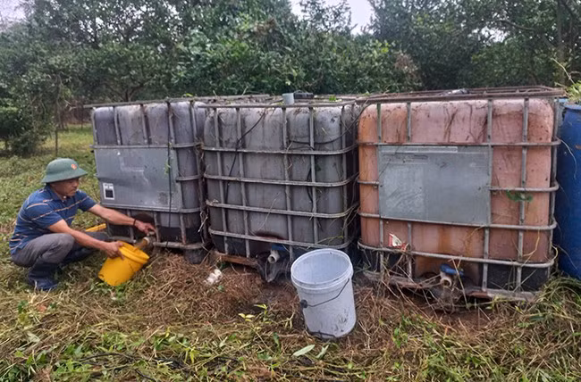 Anh Lợi chiết dịch phân HCVS từ thùng ủ để tưới cho vườn cây ăn quả. Ảnh: ĐINH NGỌC