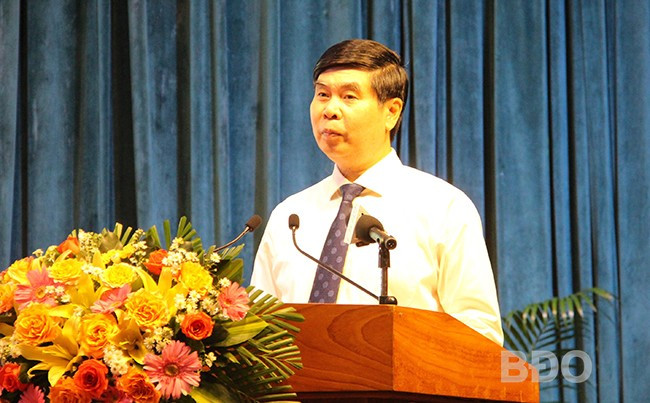 Phó Chủ tịch UBND tỉnh Lâm Hải Giang phát biểu tại lễ tổng kết và trao giải Hội thi Sáng tạo Kỹ thuật tỉnh lần thứ 14 (2024 - 2025). Ảnh: TRỌNG LỢI