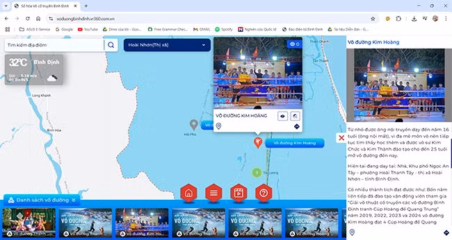 Bản đồ số các võ đường cung cấp thông tin chính xác về vị trí địa lý, thông tin, hình ảnh của võ đường; sử dụng công nghệ 3D và VR360 mang đến trải nghiệm tham quan thực tế, sống động và chân thực đến người truy cập. Ảnh chụp màn hình