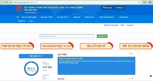 Giao diện Cổng Dịch vụ công tỉnh Bình Định.