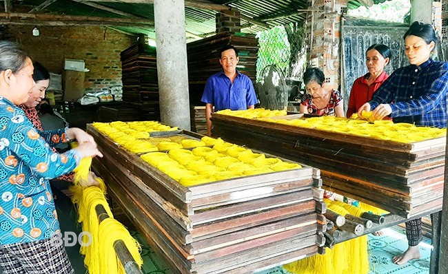 Anh Lâm Hoàng Vũ hướng dẫn người lao động cho bún gạo sợi vàng vào khuôn trước khi mang đi phơi. Ảnh: XUÂN THỨC Anh Lâm Hoàng Vũ hướng dẫn người lao động cho bún gạo sợi vàng vào khuôn trước khi mang đi phơi. Ảnh: XUÂN THỨC