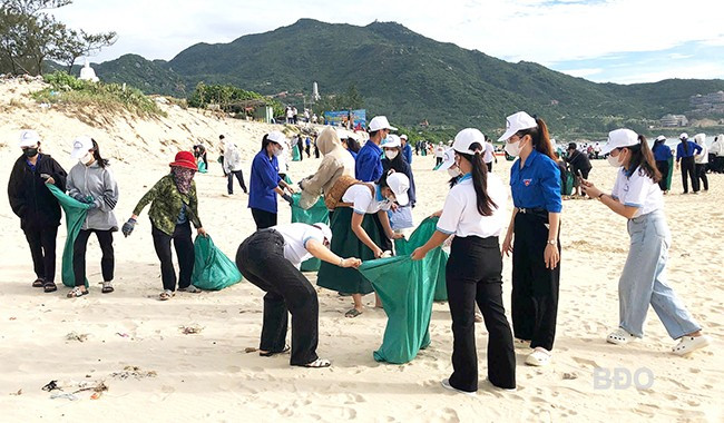 Các lực lượng tham gia dọn dẹp, vệ sinh bãi biển Trung Lương (thị trấn Cát Tiến, huyện Phù Cát), ngày 1.6. Ảnh: V.L Các lực lượng tham gia dọn dẹp, vệ sinh bãi biển Trung Lương (thị trấn Cát Tiến, huyện Phù Cát), ngày 1.6. Ảnh: V.L