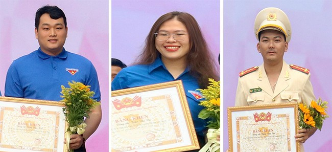 Từ trái sang: Anh Đặng Hữu Kiệt, chị Trần Thị Vỹ và đại úy Đặng Văn Cẩn tại lễ tuyên dương đảng viên trẻ tiêu biểu năm 2025. Ảnh: D.L