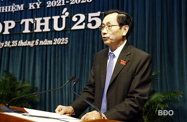 Phó Chủ tịch Thường trực HĐND tỉnh Đoàn Văn Phi trình bày tóm tắt Báo cáo kết quả giám sát việc giải quyết ý kiến, kiến nghị cử tri trước và sau kỳ họp thứ 20 HĐND tỉnh, khóa XIII. Ảnh: H.P