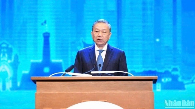 Tổng Bí thư Tô Lâm phát biểu thông điệp chính sách tại Hội nghị P4G Việt Nam 2025. Ảnh: DUY LINH