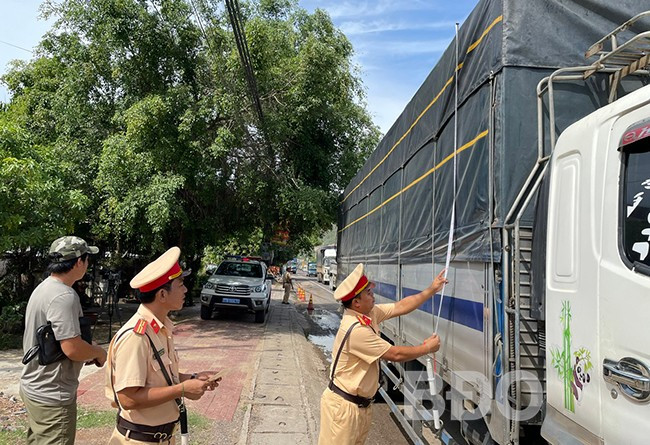Tổ CSGT của Phòng CSGT (CA tỉnh) đo chiều cao của ô tô kinh doanh vận tải hàng hóa trên tuyến QL 19 đoạn qua địa bàn TX An Nhơn. Ảnh: K.A