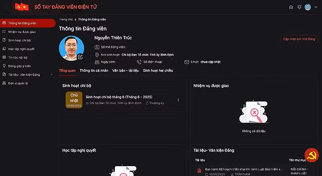Giao diện phần mềm sổ tay đảng viên điện tử. Ảnh: T.T