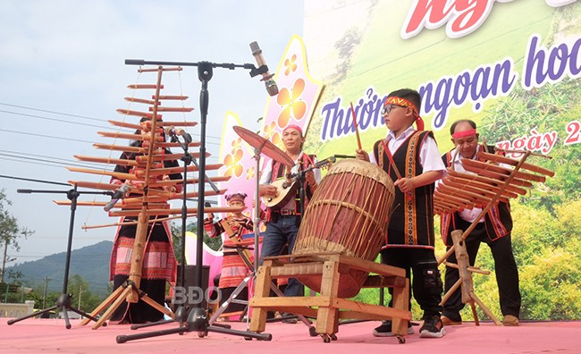 Nghệ nhân Nguyễn Thái Hùng (phía sau, bìa phải) biểu diễn đàn tơ rưng hòa tấu cùng ban nhạc. Ảnh: NGỌC NHUẬN Nghệ nhân Nguyễn Thái Hùng (phía sau, bìa phải) biểu diễn đàn tơ rưng hòa tấu cùng ban nhạc. Ảnh: NGỌC NHUẬN