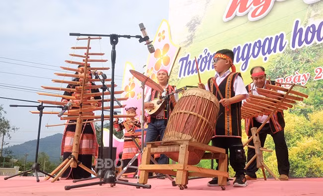 Nghệ nhân Nguyễn Thái Hùng (phía sau, bìa phải) biểu diễn đàn tơ rưng hòa tấu cùng ban nhạc. Ảnh: NGỌC NHUẬN