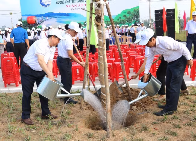 Lãnh đạo TP Quy Nhơn trồng cây sau lễ phát động. Ảnh: H.THU