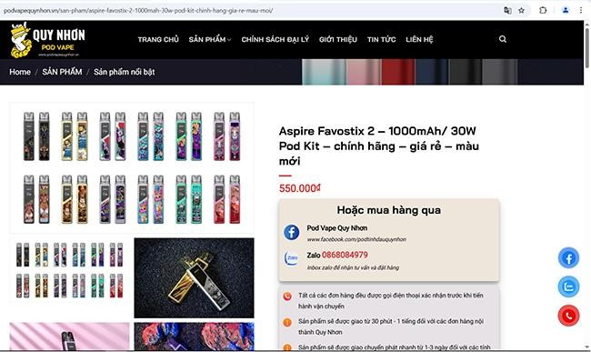 Các sản phẩm TLĐT được quảng cáo, bày bán công khai trên trang web “podvapequynhon.vn”. Ảnh chụp màn hình Các sản phẩm TLĐT được quảng cáo, bày bán công khai trên trang web “podvapequynhon.vn”. Ảnh chụp màn hình