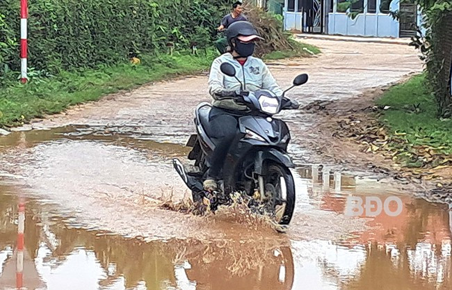 Đoạn đường bê tông vào làng Hiệp Tiến thường xuyên bị ngập (ảnh chụp ngày 25.2). Ảnh: VĂN LƯU