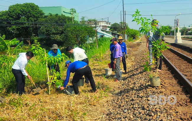Các đơn vị ra quân trồng hoa dọc tuyến đường sắt qua địa bàn phường Bình Định (TX An Nhơn). Ảnh: Lê Ngân