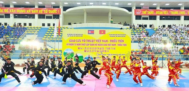 Các VĐV biểu diễn võ cổ truyền tại Chương trình giao lưu võ thuật Việt Nam - Triều Tiên. Ảnh: Báo Thái Nguyên.
