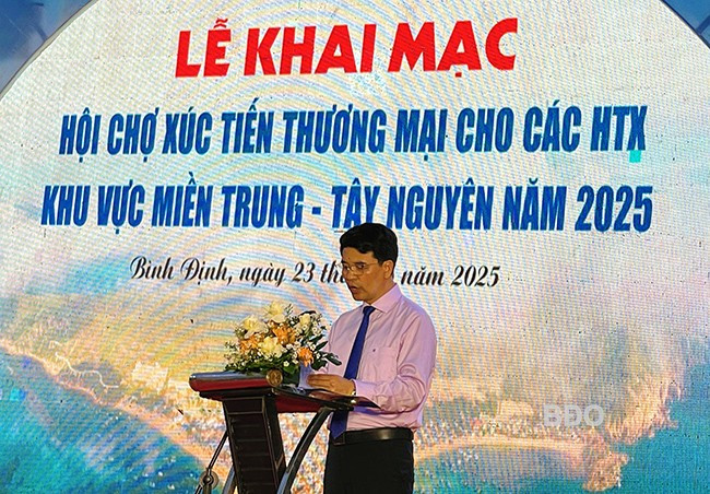 Ông Đinh Hồng Thái, Phó Chủ tịch Liên minh HTX Việt Nam phát biểu khai mạc hội chợ. Ảnh: HẢI YẾN