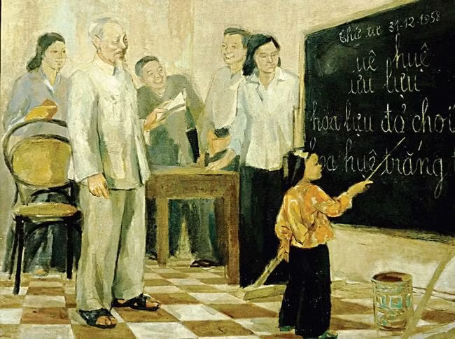 “Bác Hồ thăm lớp vỡ lòng”. Tranh của họa sĩ ĐỖ HỮU HUỀ