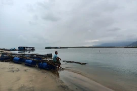 Những chiếc bè nuôi thủy sản của ngư dân bị sóng đánh vỡ tan, trôi dạt ven biển. 