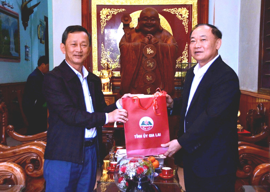 Provinspartisekretær Thai Dai Ngoc (høyre forside) besøkte og overrakte gaver til kamerat Duong Van Trang – tidligere medlem av partiets sentralkomité, tidligere sekretær for den tidligere Gia Lai provinsielle partikomiteen. Foto: Minh Phuong bi-thu-tinh-uy-thai-dai-ngoc-tham-tang-qua-dong-chi-duong-van-trang-nguyen-bi-thu-tinh-uy-gia-lai-cu.jpg