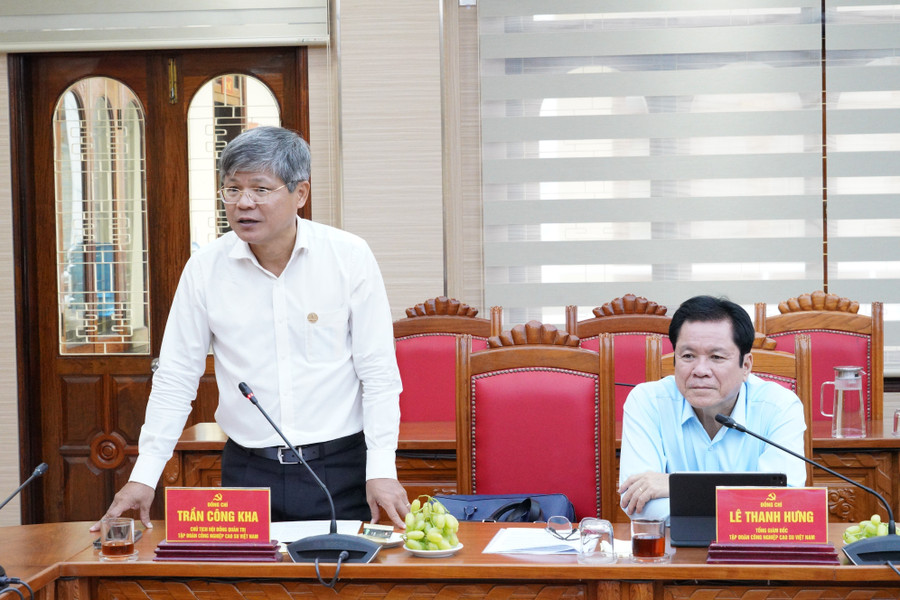 Bí thư Đảng ủy, Chủ tịch Hội đồng quản trị Tập đoàn VRG Trần Công Kha báo cáo tình hình sản xuất, kinh doanh của đơn vị. Ảnh: Nguyễn Hân a4.jpg
