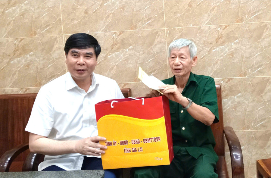 Phó Chủ tịch UBND tỉnh Lâm Hải Giang (trái) tặng quà cho ông Phạm Trọng Tín (khu phố 7, phường Quy Nhơn Tây). Ảnh: Hoàng Vũ anh-1.jpg