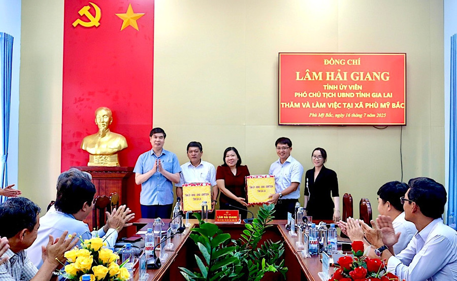 Phó Chủ tịch UBND tỉnh Lâm Hải Giang tặng quà cho lãnh đạo xã Phù Mỹ Bắc. Ảnh: Bình Dương hinh-3.jpg