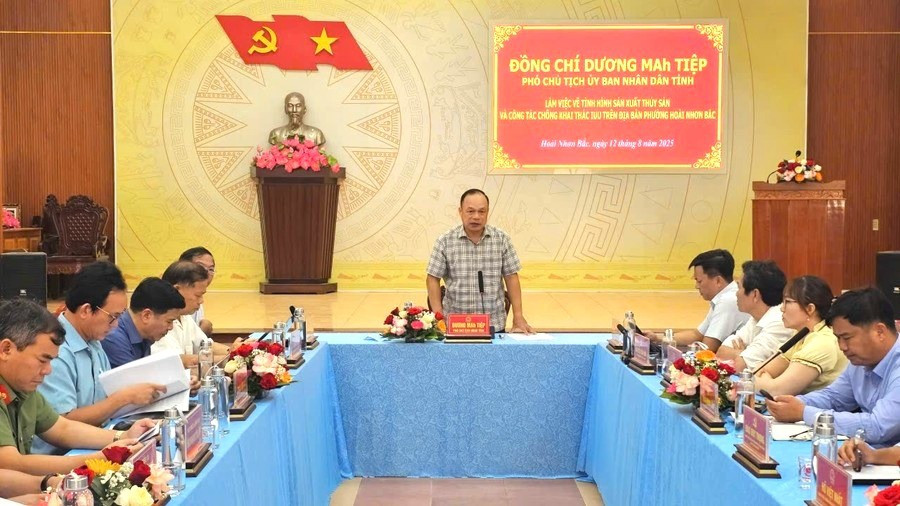 Phó Chủ tịch UBND tỉnh Dương Mah Tiệp làm việc với phường Hoài Nhơn Bắc về tình hình sản xuất thủy sản, công tác chống khai thác IUU trên địa bàn. Ảnh: Đức Hải image-8998.jpg