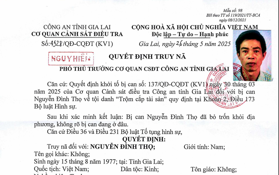 Quyết định truy nã của Cơ quan Cảnh sát điều tra Công an tỉnh Gia Lai (ảnh chụp màn hình). anh-man-hinh-2025-05-28-luc-103257.png