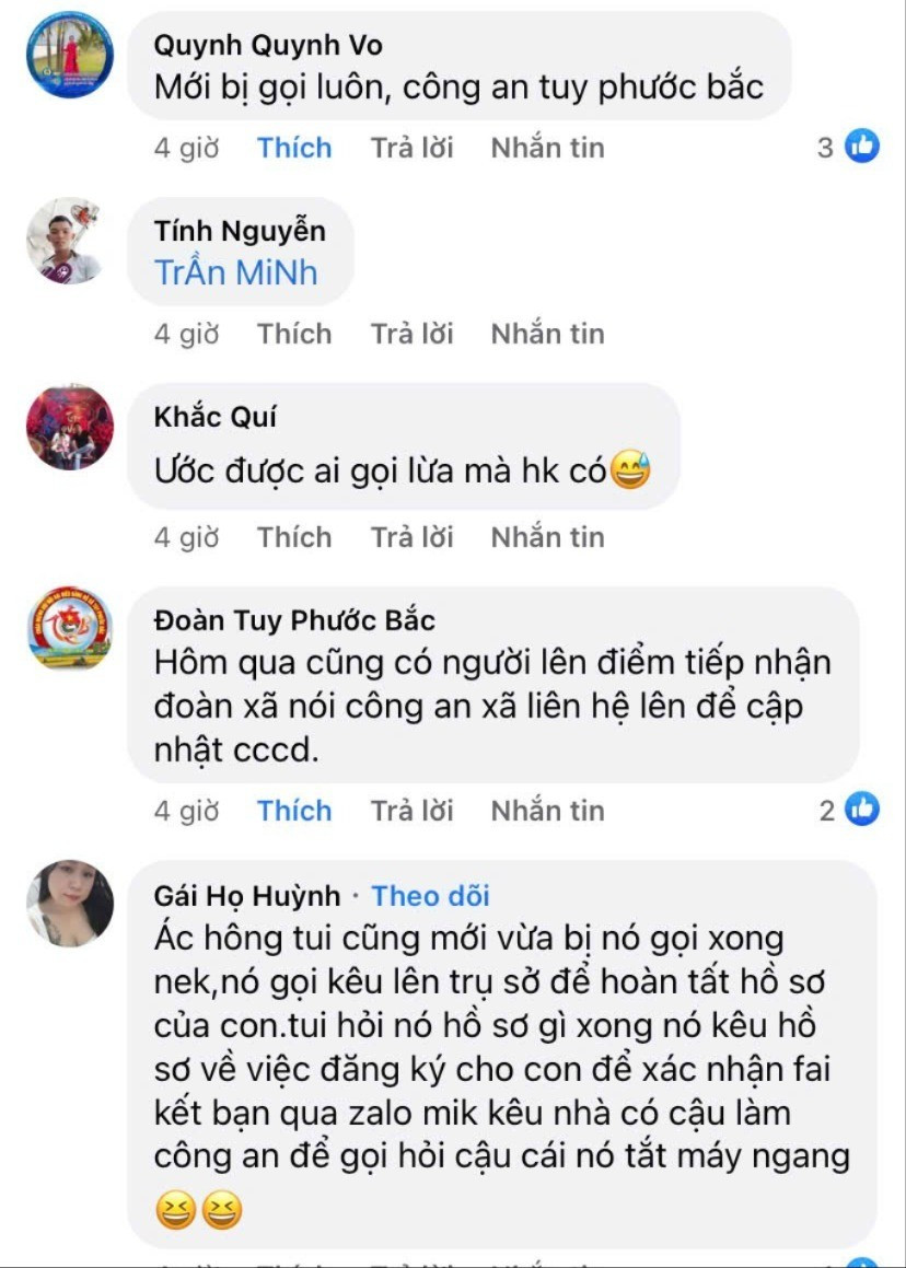 Nhiều người thông tin về việc nhận được cuộc gọi lừa đảo, giả mạo Công an xã Tuy Phước Bắc (ảnh chụp màn hình). img-7040.jpg