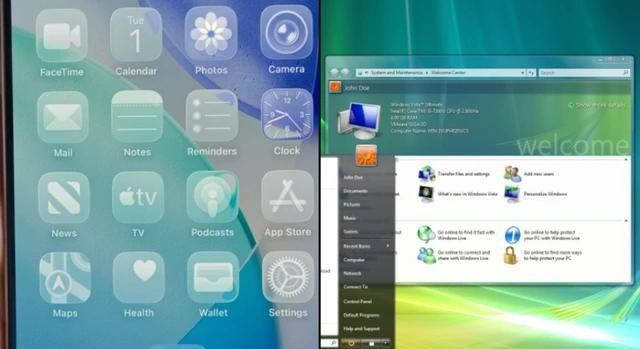 Thiết kế giao diện Liquid Glass của iOS 26 (trái) và Aero của Windows Vista Thiết kế giao diện Liquid Glass của iOS 26 (trái) và Aero của Windows Vista