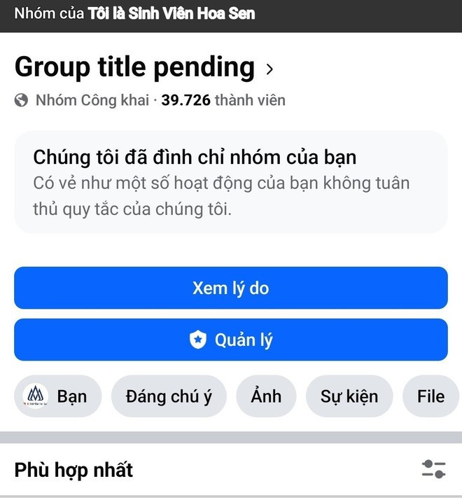 Một group trên Facebook bị 'bay màu' vì lí do không tuân thủ quy tắc. (Ảnh chụp màn hình) Một group trên Facebook bị 'bay màu' vì lí do không tuân thủ quy tắc. (Ảnh chụp màn hình)