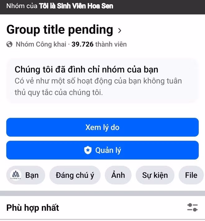 Một group trên Facebook bị 'bay màu' vì lí do không tuân thủ quy tắc. (Ảnh chụp màn hình)