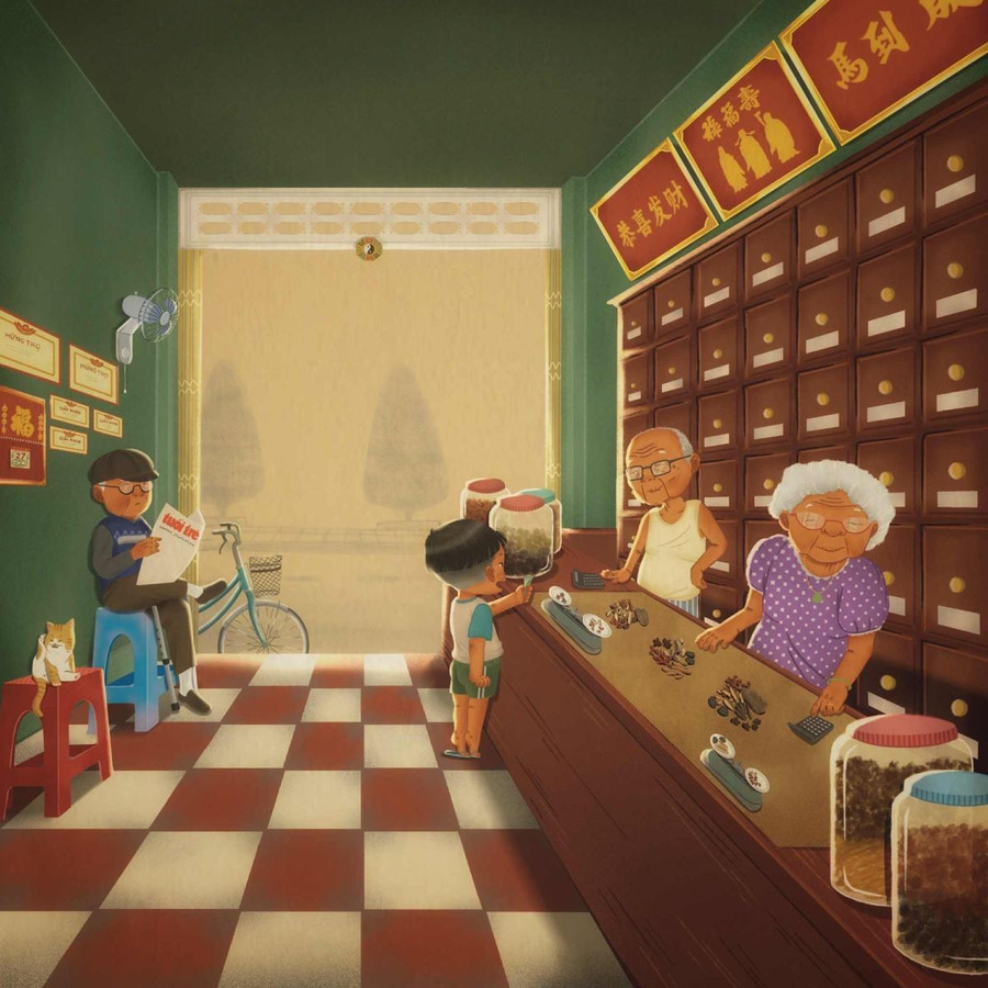 The work The Smell of Northern Medicine, filled with memories of traditional medicine shops in District 5, is one of Truong An Dan's latest works. Tác phẩm Mùi thuốc Bắc, đong đầy kỷ niệm về các tiệm thuốc Đông y ở Quận 5, một trong số những tác phẩm mới nhất của Trương An Dân.