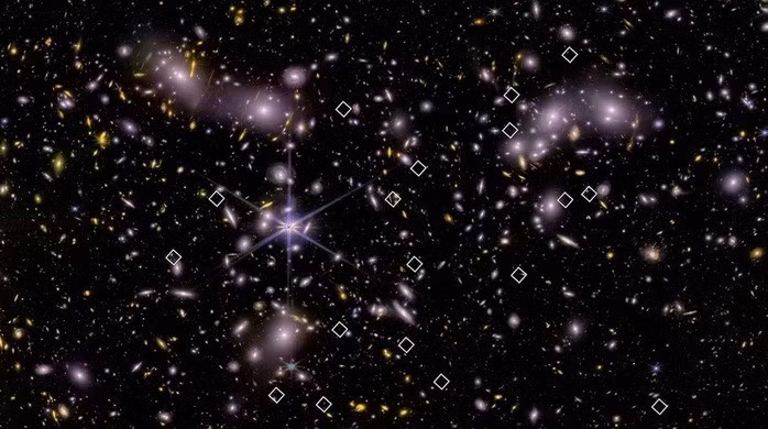 Những hình tứ giác tránh đánh dấu 20 trong số 83 thiên hà bùng nổ sao từ vũ trụ sơ khai mà NASA đã xác định - Ảnh: NASA