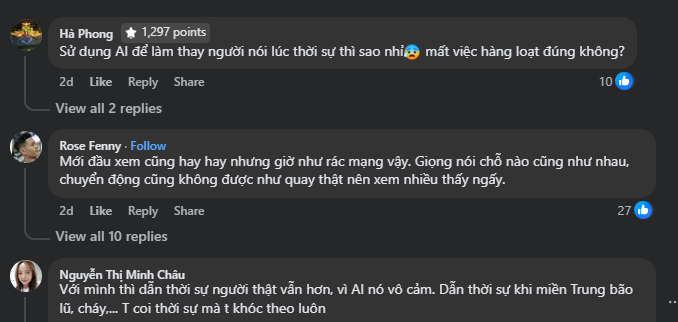 Nhiều người dùng mạng xã hội bày tỏ lo ngại trước làn sóng video AI, từ chất lượng nội dung giảm, đến cảm giác vô cảm khi so sánh với người dẫn thật. Ảnh chụp màn hình nhieu-nguoi-dung-mang-xa-hoi-bay-to-lo-ngai-truoc-lan-song-video-ai-tu-chat-luong-noi-dung-giam-den-cam-giac-vo-cam-khi-so-sanh-voi-nguoi-dan-that-anh-chup-man-hinh.png