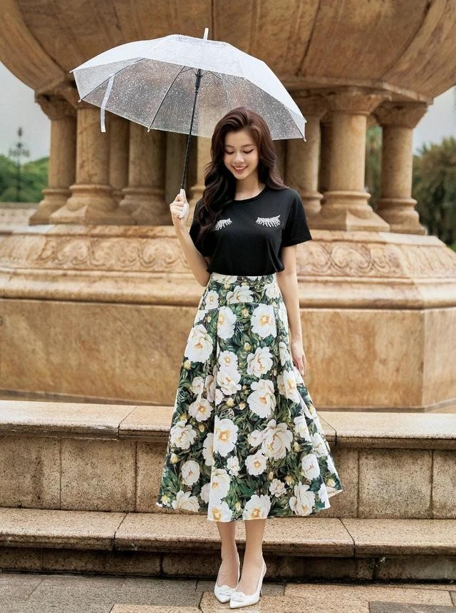 Sự nổi bật nhưng tinh tế, cuốn hút nhưng vẫn dịu dàng, kiều diễm từ bản phối chân váy in hoa hồng và áo phông đen. Ngoài phom áo trơn, quý cô có thể thỏa sức sáng tạo cùng mẫu chân váy quen thuộc khi phối cùng áo crop top, tank top, áo polo hay mongtoghi mỏng nhẹ và thoáng khí