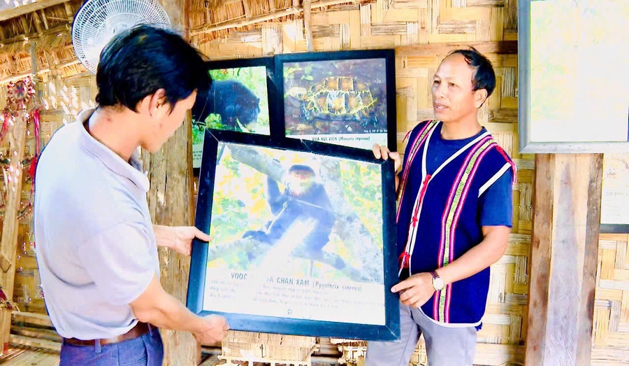 Ông Djung (bìa phải; xã Ayun, huyện Mang Yang) làm hướng dẫn viên du lịch giới thiệu cho cho du khách tại nhà rông truyền thống của làng. Ảnh: Kim Ngân ong-djung-xa-ayun-huyen-mang-yang-lam-huong-dan-vien-du-lich-gioi-thieu-cho-cho-du-khach-tai-nha-rong-truyen-thong-cua-lang-kim-ngan.jpg