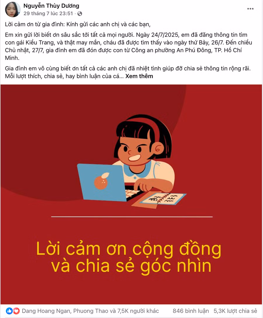 Những dòng trạng thái của phụ huynh em Tr. trong quá trình tìm con mất tích.
