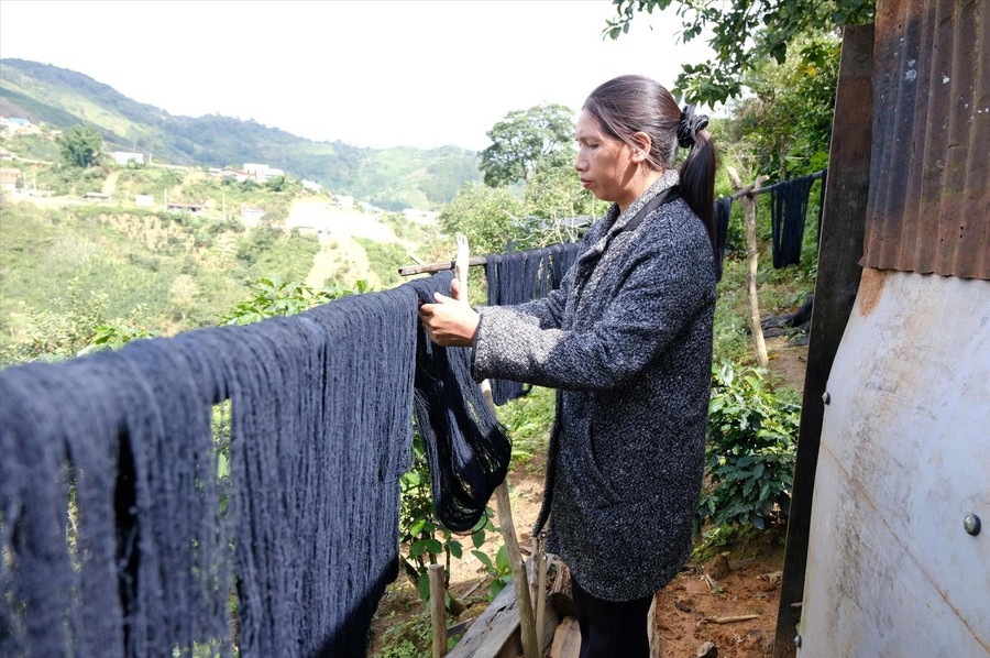 Những sợi chỉ nhuộm từ lá chàm, củ nghệ, lá cà ri… phơi rực rỡ dưới nắng. Những sợi chỉ nhuộm từ lá chàm, củ nghệ, lá cà ri… phơi rực rỡ dưới nắng.