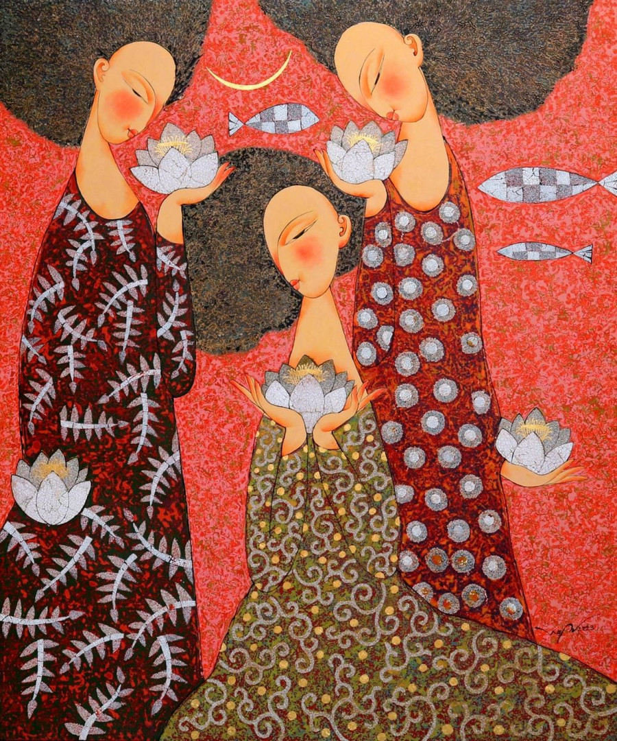 Tác phẩm của hoạ sĩ An được thử nghiệm sơn mài trên toan.